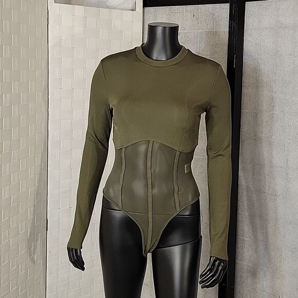 BRAND NEW LONG SLEEVES MESH INSERT HIGH NECK SOLID SHEER THONG SNAP BODYSUIT - Picture 3 of 15